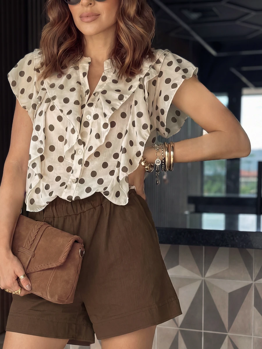 Áo sơ mi nữ tay ngắn, kiểu dáng thanh lịch, thường ngày, họa tiết chấm bi, bèo nhún, thắt nơ phía trước, phù hợp cho kỳ nghỉ và các dịp công sở. - Màu be - Xem 1