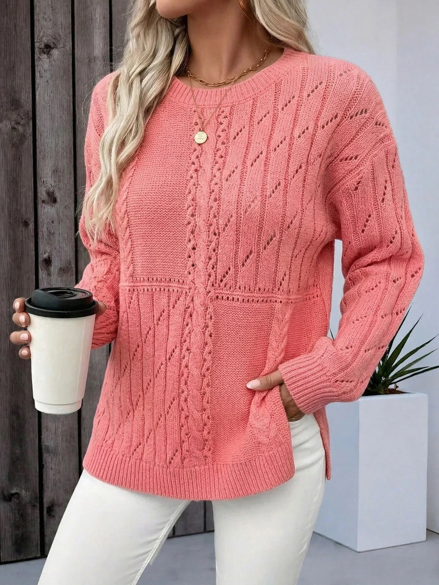 [Top] European And American Style Women's Pink Hollow-Out Knit Sweater, 2026 New Loose Round Neck Long Sleeve Pullover, Retro Soft Cropped Top, Fashion Blogger Same Style Fitted Versatile Knit Sweater, Elegant Hollow-Out Textured Knit Sweater - Pink - View 1