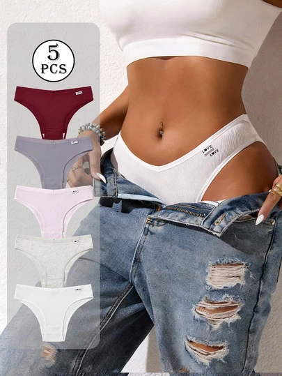 5pcs Pack Women's Ribbed Panties, High Elasticity Solid Color Letter Design Low Waist Briefs