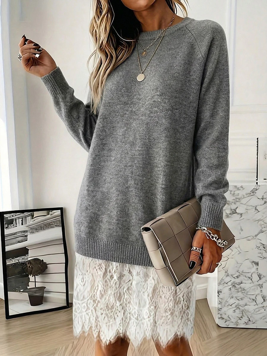 Gray Sweater, Long Sleeve Pullover, Round Neck Knit Sweater, Women's Knitted Top, Loose Fit Sweater, Casual Style, Autumn/Winter Fashion, Loose Knit Blouse, Ribbed Cuffs, Stylish Street Wear - Grey - View 1
