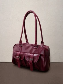 Hatastic 1 chiếc túi tote cổ điển tối giản có khóa kéo, trang trí bằng các ngăn nhỏ, hai quai xách, phù hợp cho nữ giới sử dụng hàng ngày khi đi làm và tham dự các lễ hội âm nhạc. - Màu Đỏ Sâu - Xem 2