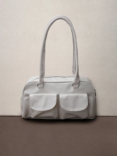 Hatastic 1个复古简约拉链手提包，带口袋，双提手，适合女性日常休闲通勤及音乐节等场合使用