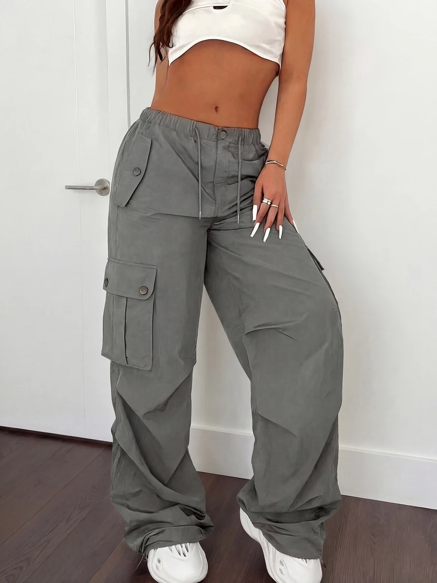 女士休闲夏季工装裤，宽松弹力腰带抽绳多口袋阔腿街头风外出装 - 灰色 - 查看 1