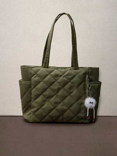 新款时尚大容量菱格纹双提手单肩手提包，轻便易携，女士钱包，适合夏季户外旅行，饰有动物吊坠，必备旅行背包，绿色音乐节