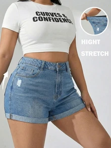Women's Summer Fashionable Casual Slim Fit Plus Size Denim Shorts, Medium Stretch, With Distressed Ripped Hem Design, Suitable For Daily Wear - Blue - View 11