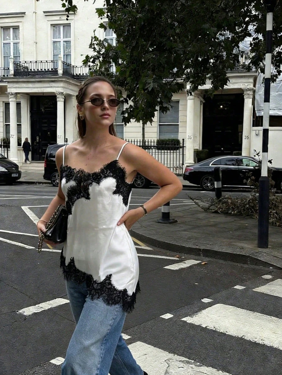 above the aurora 女士性感优雅不对称无袖黑色蕾丝上衣 2026春夏新款 休闲白色 - 白色 - 查看 1