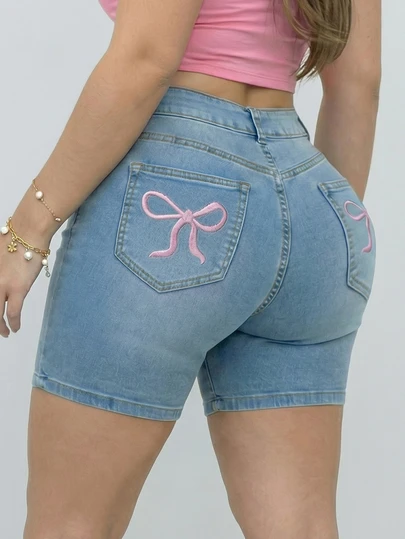 Women's Plus Size Denim Bermuda Shorts With Playful Pink Bow Embroidery Detail Button Zipper Pockets Medium Stretch