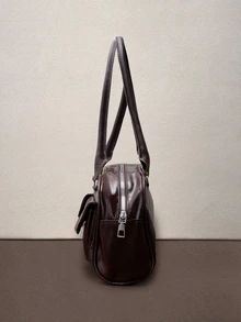 Hatastic 1 pieza Bolso de tote con cremallera minimalista vintage, decorado con bolsillos, asas dobles, adecuado para uso casual diario y de viaje de las mujeres, festival de música - Café - Ver 5
