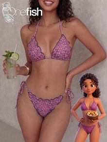 Onefish Women's Pink & Purple Leopard Print Bikini Set, Triangle Strap Sliding Cup Top, Adjustable Tie, Low Waist High Cut Ruffle Bottom, Summer Beach Swimwear - Purple - View 1