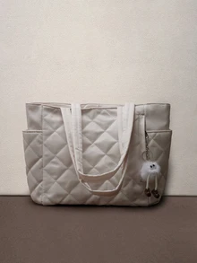 Hatastic Túi xách thời trang mới, dung tích lớn, thiết kế chần bông đính đá, quai xách đôi, thích hợp cho lễ hội âm nhạc. - Màu be - Xem 2