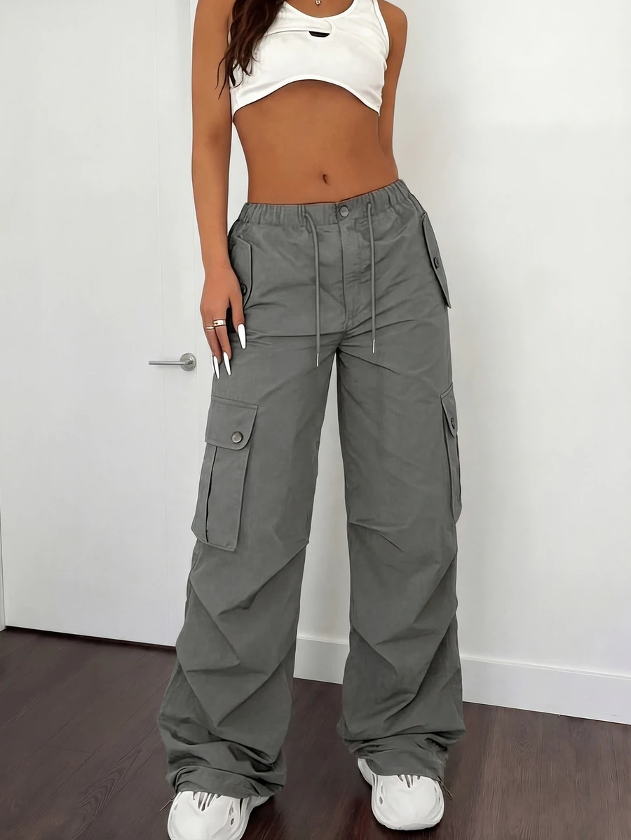 Pantalones cargo de pierna ancha y casual de verano para mujer, con cintura elástica y cordón, para fiesta y vacaciones - Gris - Ver 1