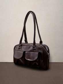 Hatastic 1 pieza Bolso de tote con cremallera minimalista vintage, decorado con bolsillos, asas dobles, adecuado para uso casual diario y de viaje de las mujeres, festival de música - Café - Ver 2