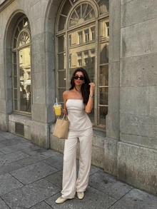 Bộ đồ nữ thanh lịch, thoải mái gồm áo ống và quần ống rộng, thích hợp cho tiệc tùng, đi biển, nghỉ mát và công sở. - Màu be - Xem 4