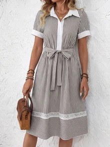 条纹优雅波西米亚复古系带蕾丝拼接沙滩家居连衣裙 - 棕色 - 查看 2