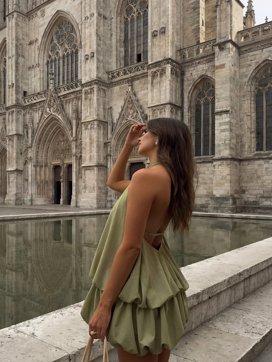 Women's Elegant Casual Green Spaghetti Strap Backless Ruffle Hem Mini Dress, Suitable For Party, Beach, Vacation And Daily Wear Summer - Green - View 1