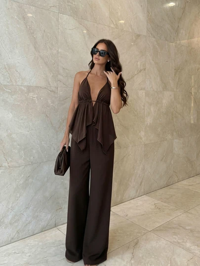 above the aurora Summer Halter Backless Asymmetric Hem Wide Leg Two Pieces Set For Women Elegant Sexy Casual Going Out Sleeveless Co Ord Sets