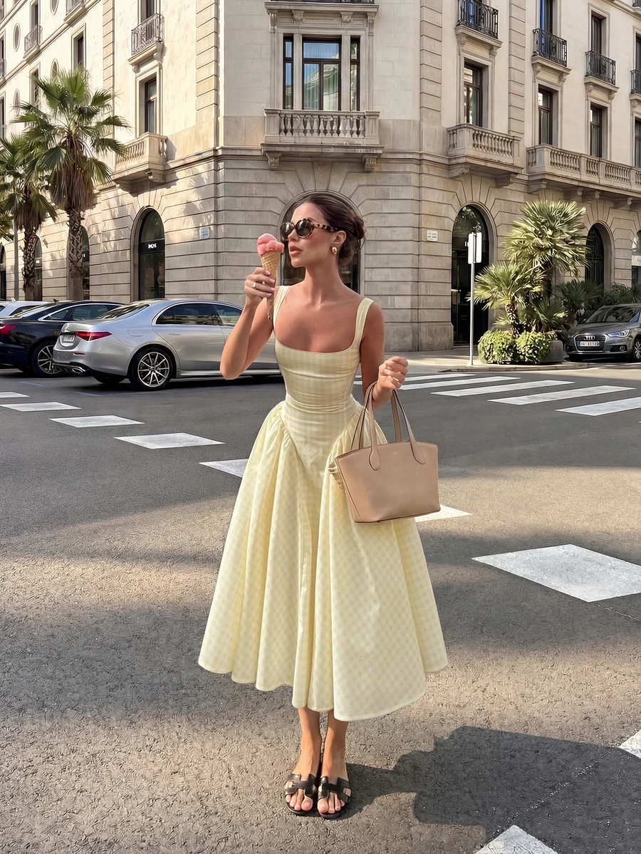 女士优雅休闲黄色格子方领中长连衣裙，高腰A字无袖夏季度假约会派对连衣裙 - 鵝黃色 - 查看 1