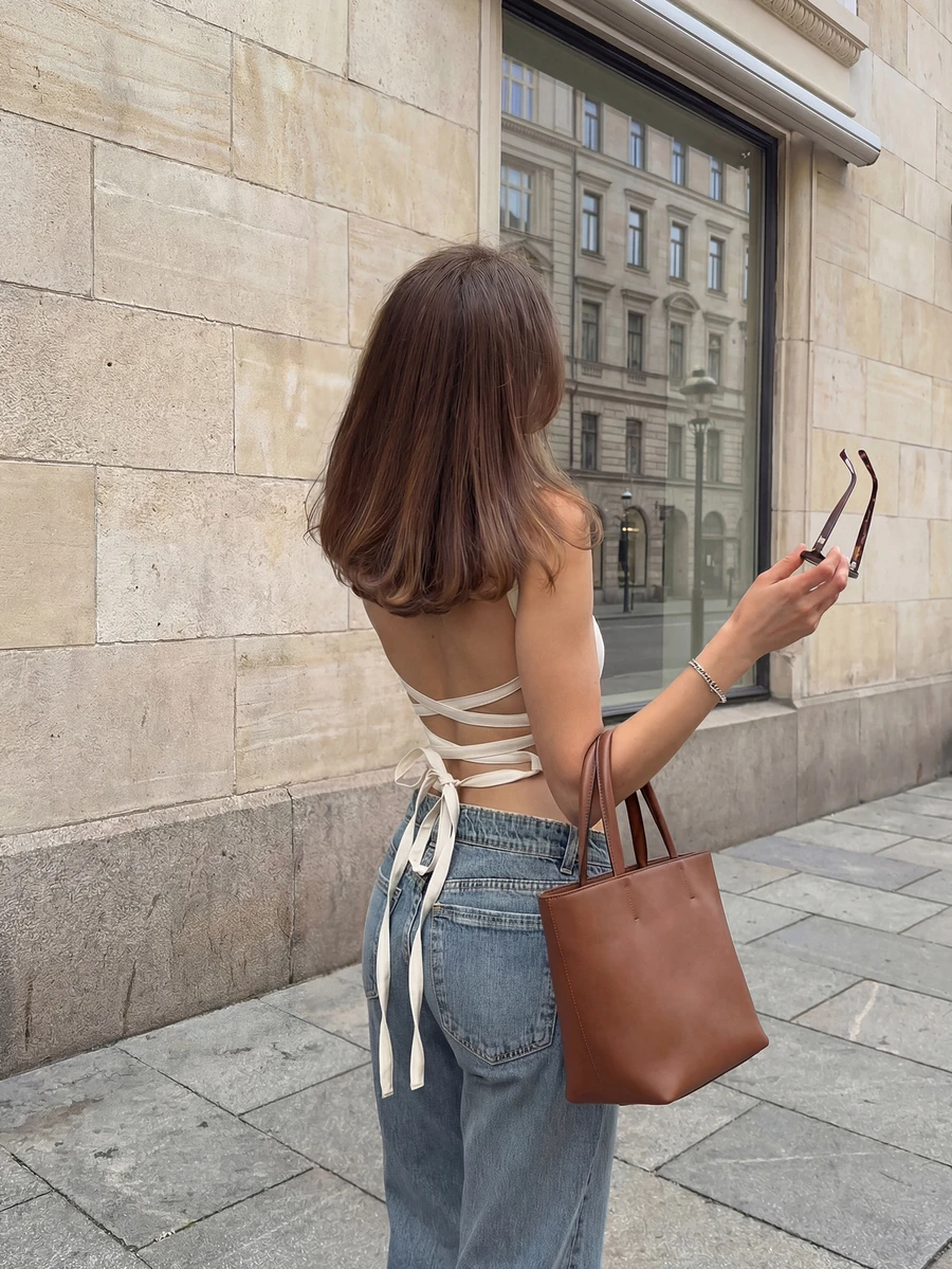 女士夏季优雅休闲白色吊带露背系带吊带背心，适合派对度假 - 杏色 - 查看 1