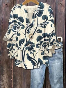 Plus Size Women's Print Ruffle Sleeve V-Neck Shirt Blouse Vacation Spring - Khaki - View 1