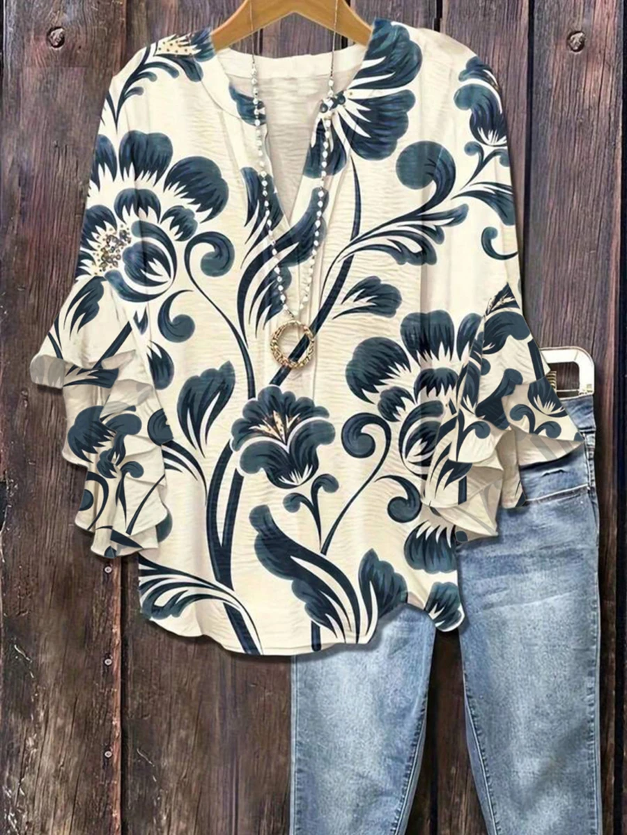 Plus Size Women's Print Ruffle Sleeve V-Neck Shirt Blouse Vacation Spring - Khaki - View 1