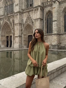 Women's Elegant Casual Green Spaghetti Strap Backless Ruffle Hem Mini Dress, Suitable For Party, Beach, Vacation And Daily Wear Summer - Green - View 2