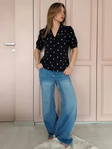 Polka Dot Print Button Front; Puff Sleeves; Stand Collar; Loose Casual Fit; Breathable Comfortable Fabric; Retro Sweet And Fresh; Suitable For Daily Work, Dates, And Afternoon Tea With Friends Short Sleeve Blouse. - Black - View 1