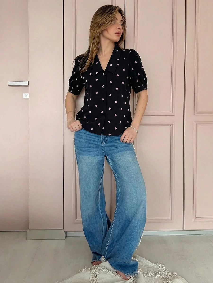 Polka Dot Print Button Front; Puff Sleeves; Stand Collar; Loose Casual Fit; Breathable Comfortable Fabric; Retro Sweet And Fresh; Suitable For Daily Work, Dates, And Afternoon Tea With Friends Short Sleeve Blouse. - Black - View 1