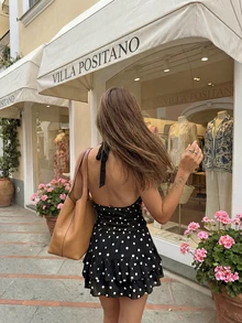 女士夏季优雅休闲时尚黑色波点露背吊带荷叶边半身裙两件套，适合派对、海滩度假和日常穿着 - 黑色 - 查看 2