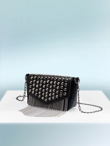 Rollcall Mini Studded & Fringe Decor Flap Square Bag, Perfect For Rodeo Occasion - Black - View 5