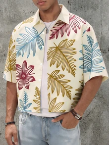 Men's Tropical Floral Print Short Sleeve Shirt - Apricot - View 1