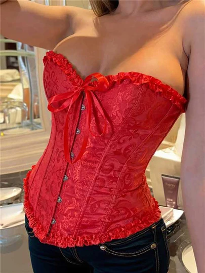 Apperloth A Gothic Style Jacquard Print Lace-Up Eyelet Front Ruffle Backless Bustier Corset Top, Suitable For Plus Size Women's Rave, Music Festival, Party Outfits Summer