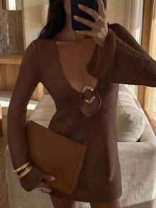 2026 Women's Spring/Summer New Solid Color Metal Decor Linked Dress, Suitable For Dates, Afternoon Tea And Other Light Social Occasions - Brown - View 2