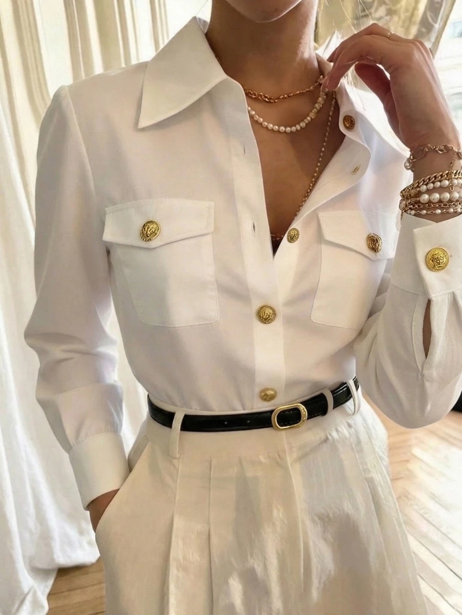 Camisa blanca con botones y bolsillo para mujer, estilo elegante de oficina, primavera/verano - Blanco - Ver 1