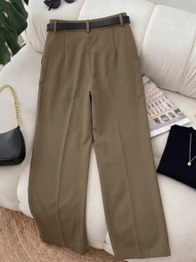 2026新款优雅橄榄绿直筒裤，女士办公通勤休闲时尚高品质直筒裤，带口袋和单扣设计 - 橄欖綠 - 查看 2