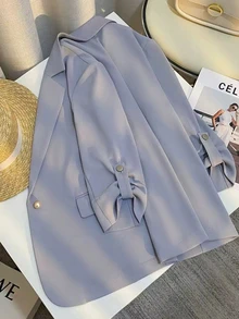 女士浅蓝色卷袖西装外套，宽松版型单扣商务休闲夹克 - 淡紫色 - 查看 4