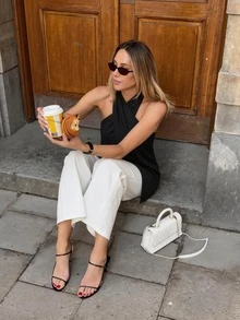 Solid Color Backless Criss-Cross Asymmetric Hem Halter Neck Top, Suitable For Beach & Holiday Black Summer - Black - View 4