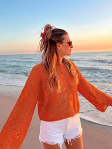 Áo khoác ngoài dáng ngắn tay dài, chất liệu jacquard họa tiết hoa dệt nổi, kiểu dáng gợi cảm, khoét lỗ, xuyên thấu, dành cho nữ, thích hợp cho kỳ nghỉ biển/hè, lễ hội âm nhạc, màu cam. - trái cam - Xem 1