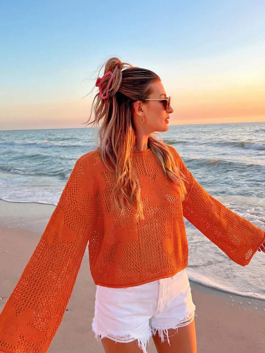 Áo khoác ngoài dáng ngắn tay dài, chất liệu jacquard họa tiết hoa dệt nổi, kiểu dáng gợi cảm, khoét lỗ, xuyên thấu, dành cho nữ, thích hợp cho kỳ nghỉ biển/hè, lễ hội âm nhạc, màu cam. - trái cam - Xem 1