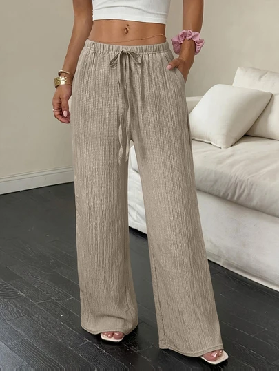 Women's Fashion Long Straight Pants, Solid Color Drawstring Waist Loose Casual Trousers For Summer Spring