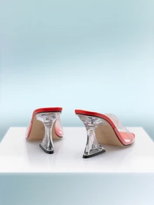 Rollcall 夏季时尚方头透明水晶粗跟凉鞋 - 紅色 - 查看 4