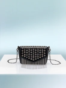 Rollcall Mini Studded & Fringe Decor Flap Square Bag, Perfect For Rodeo Occasion - Black - View 1