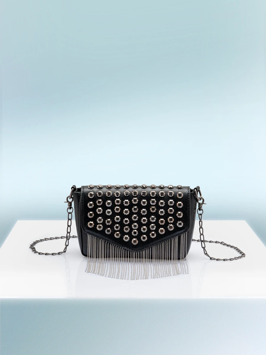 Rollcall Mini Studded & Fringe Decor Flap Square Bag, Perfect For Rodeo Occasion - Black - View 1