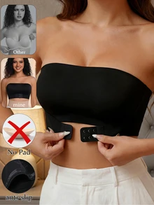 女士无肩带无缝前扣无钢圈防滑性感吊带文胸，露背无钢圈文胸 - 黑色 - 查看 1