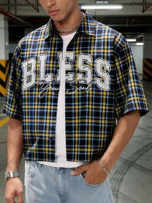 Áo sơ mi nam tay ngắn kẻ caro in chữ "Bless Your Soul" - Màu vàng - Xem 1