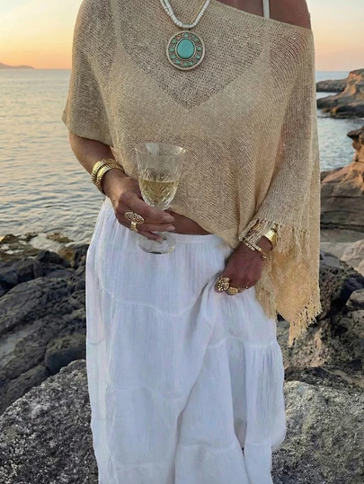 Nieuwe lente/zomer kaki losse, onregelmatige cover-up trui, lichtgewicht gebreide top, losse, flatterende pasvorm, franjes aan de zoom, te combineren met een camisole of short, geschikt voor strandvakantie, strandfeest, uitje, vakantie, date, muziekfestival