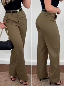 2026新款优雅橄榄绿直筒裤，女士办公通勤休闲时尚高品质直筒裤，带口袋和单扣设计 - 橄欖綠 - 查看 3
