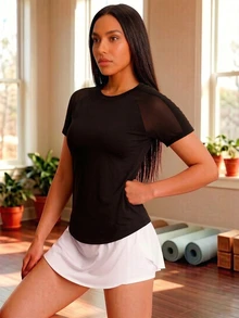 Women's Solid Color Breathable Mesh Splice Short Sleeve Activewear Top, Lightweight Stretchy Fitness Running Training Tee, Casual Outdoor Workout Yoga Shirt Sports - Black - View 1