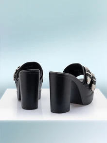 Rollcall Women High Heel Sandals 2024 Summer New Height-Increasing Shoes European And American Fashion Street Punk Style Roman Strap Slip-On Sandals With Double Decorative Buckles And Thick Bottom Slope Heel Hollow-Out Large Size Women Shoes For Parties, Holidays, Roman Chunky Heels, Super Slim High Heels, Sexy Nightclub Women Shoes With Double Waterproof Platform, Motorcycle Open Toe Rivet Sandals - Black - View 4