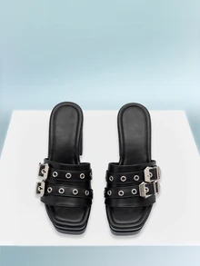 Rollcall Women High Heel Sandals 2024 Summer New Height-Increasing Shoes European And American Fashion Street Punk Style Roman Strap Slip-On Sandals With Double Decorative Buckles And Thick Bottom Slope Heel Hollow-Out Large Size Women Shoes For Parties, Holidays, Roman Chunky Heels, Super Slim High Heels, Sexy Nightclub Women Shoes With Double Waterproof Platform, Motorcycle Open Toe Rivet Sandals - Black - View 3