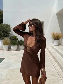 2026 Women's Spring/Summer New Solid Color Metal Decor Linked Dress, Suitable For Dates, Afternoon Tea And Other Light Social Occasions - Brown - View 3